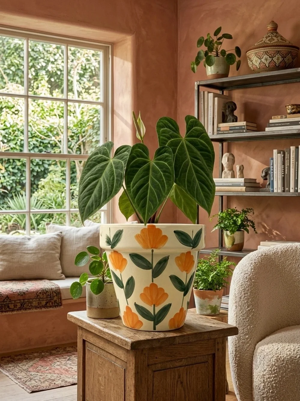 Hand Painted Floral Terracotta Planter 8 Inch | Large Ceramic Pot with Drainage